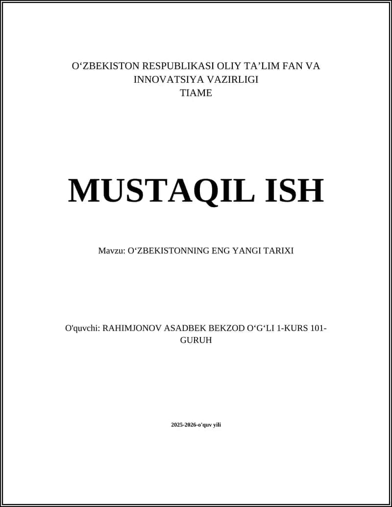 O’zbekistonning Eng Yangi Tarixi