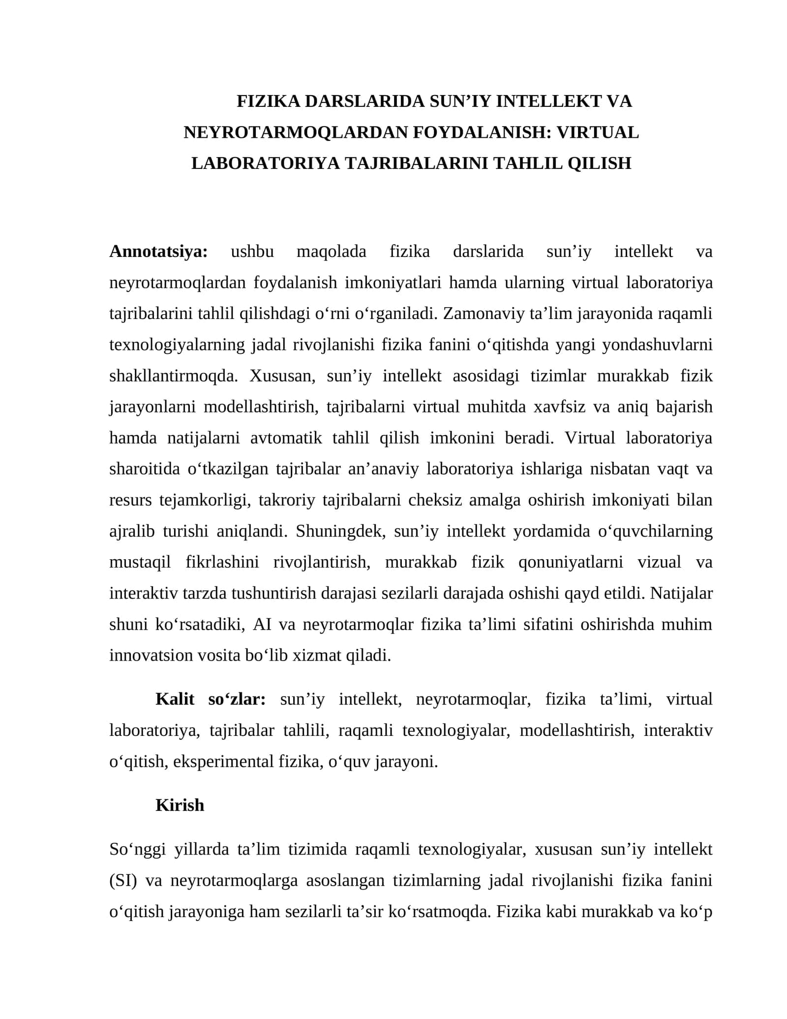FIZIKA DARSLARIDA SUNʼIY INTELLEKT VA NEYROTARMOQLARDAN FOYDALANISH: VIRTUAL LABORATORIYA TAJRIBALARINI TAHLIL QILISH