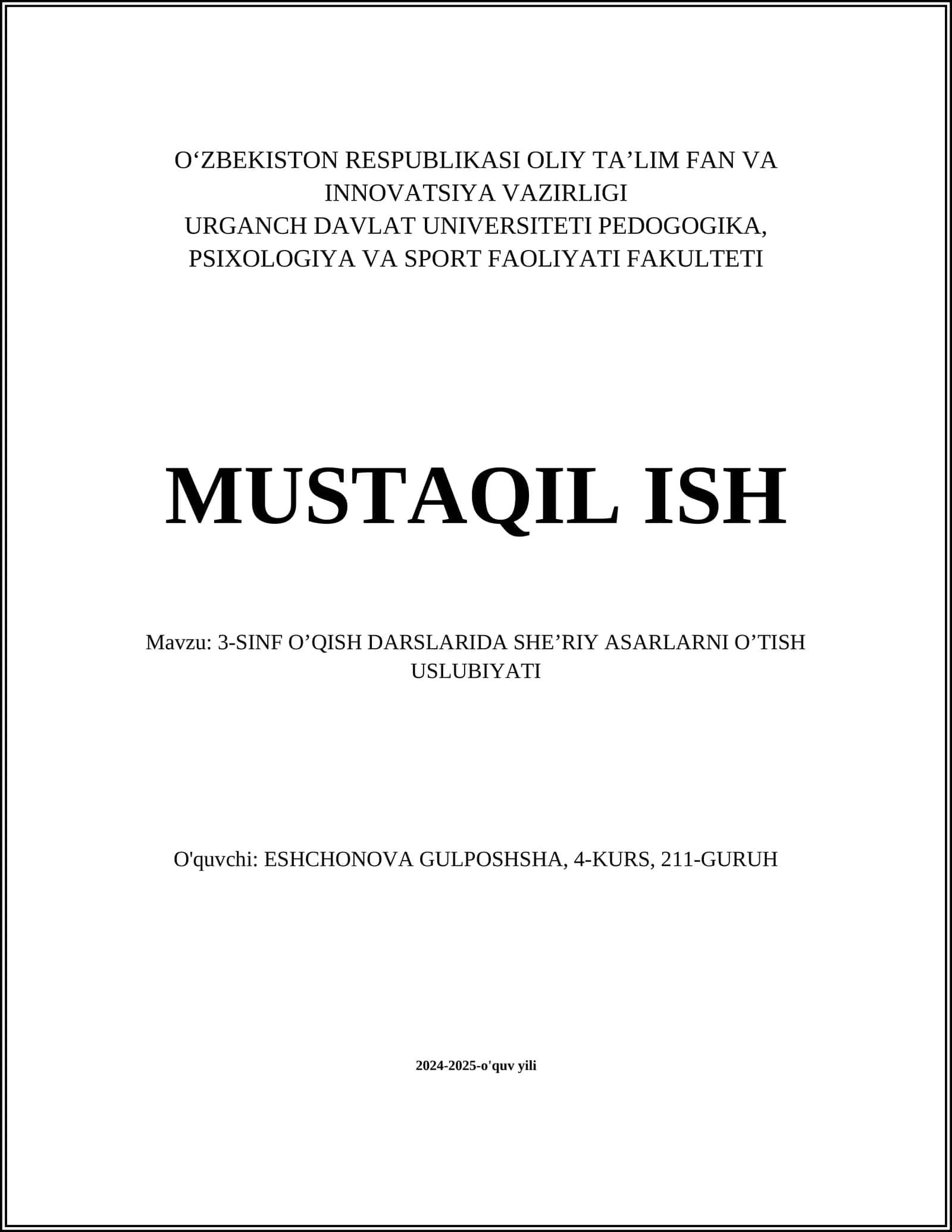 3-SINF OʼQISH DARSLARIDA SHEʼRIY ASARLARNI OʼTISH USLUBIYATI