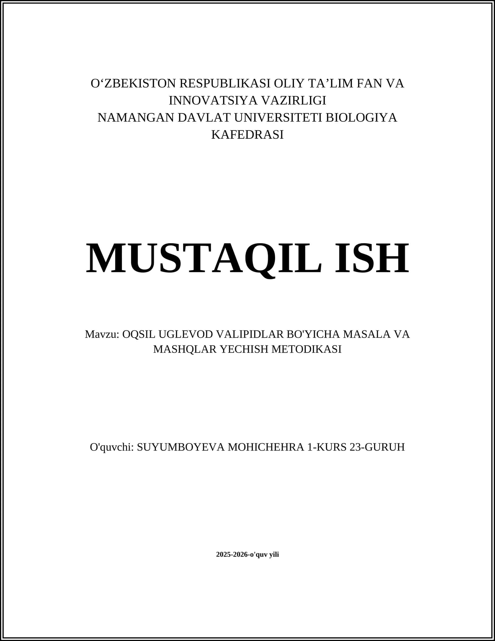 Oqsil Uglevod Valipidlar Bo'yoicha Masala va Mashqlar Yechish Metodikasi