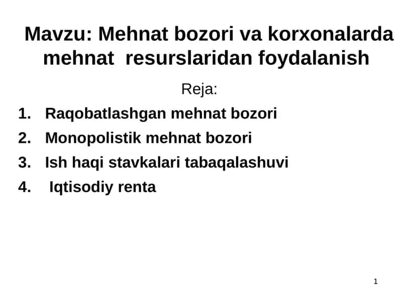 Mehnat bozori va korxonalarda mehnat resurslaridan foydalanish