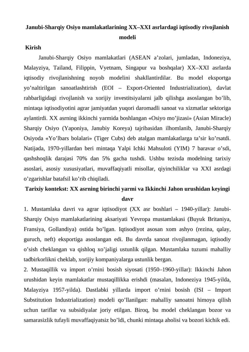 Janubi-Sharqiy Osiyo mamlakatlarining XX–XXI asrlardagi iqtisodiy rivojlanish modeli