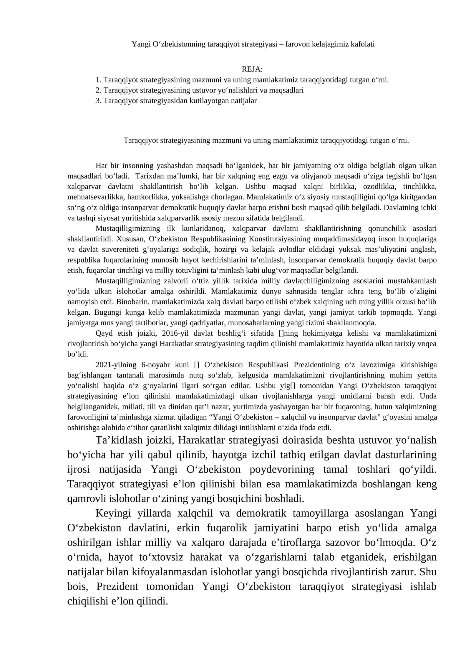 Taraqqiyot strategiyasi – farovon kelajagimiz kafolati