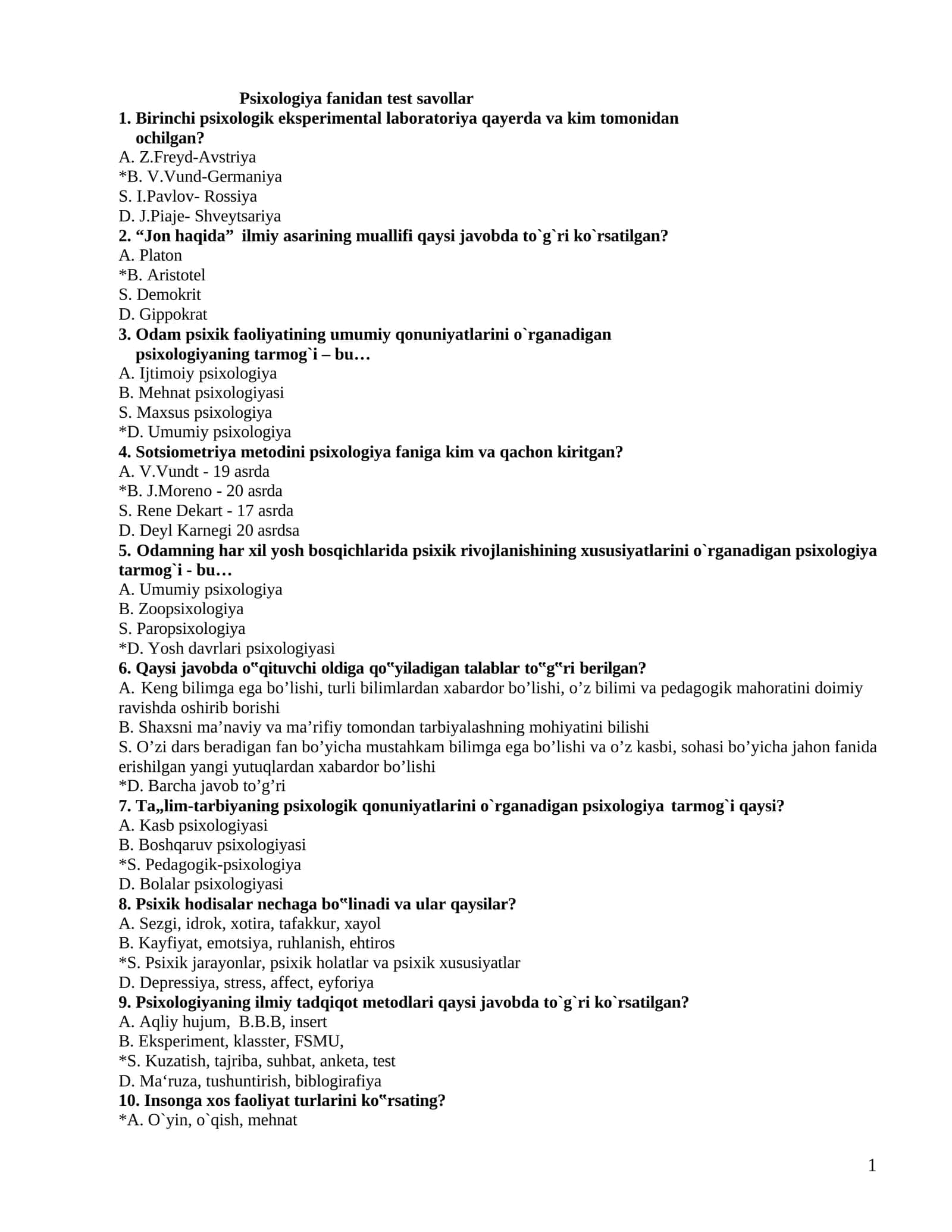 Psixologiya fanidan test savollari