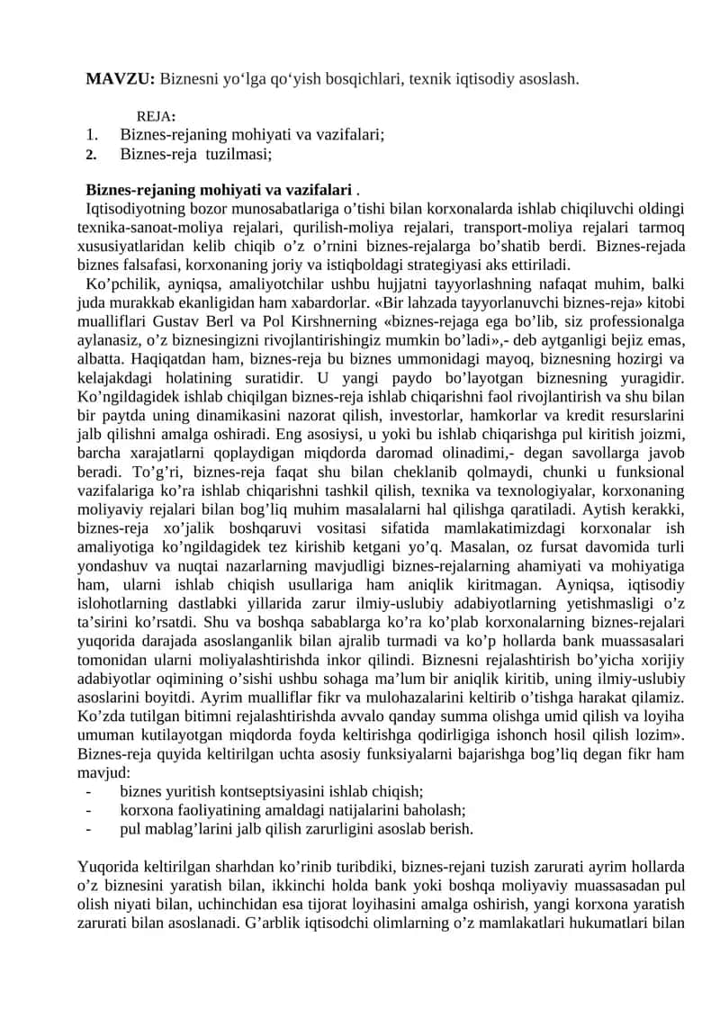 Biznesni yo‘lga qo‘yish bosqichlari, texnik iqtisodiy asoslash