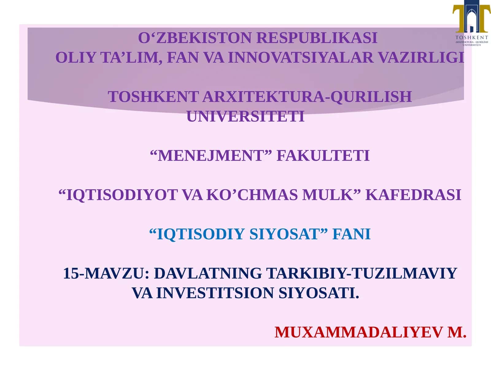 “DAVLATNING TARKIBIY-TUZILMAVIY VA INVESTITSION SIYOSATI”