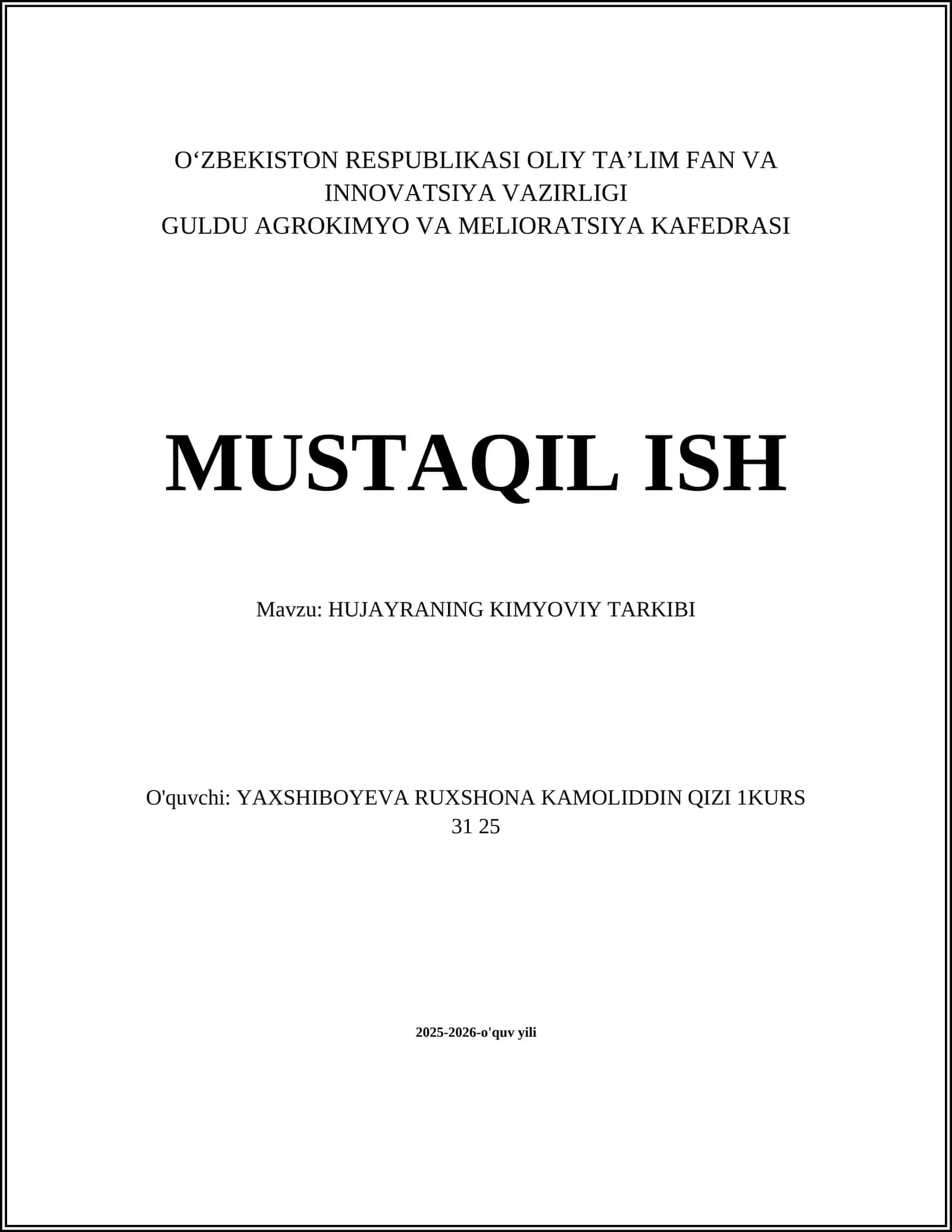 HUJAYRANING KIMYOVIY TARKIBI
