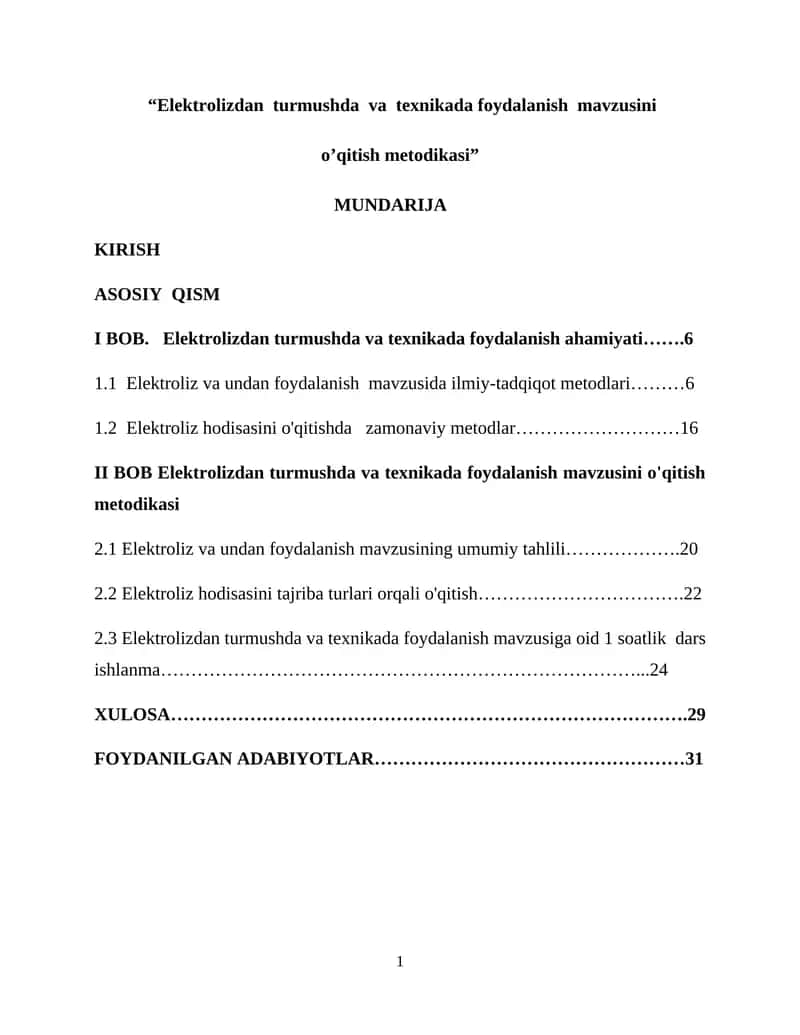 “Elektrolizdan turmushda va texnikada foydalanish mavzusini o’qitish metodikasi”