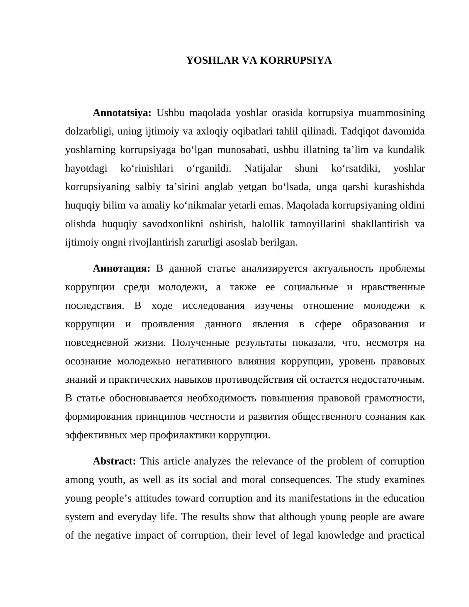 YOSHLAR VA KORRUPSIYA