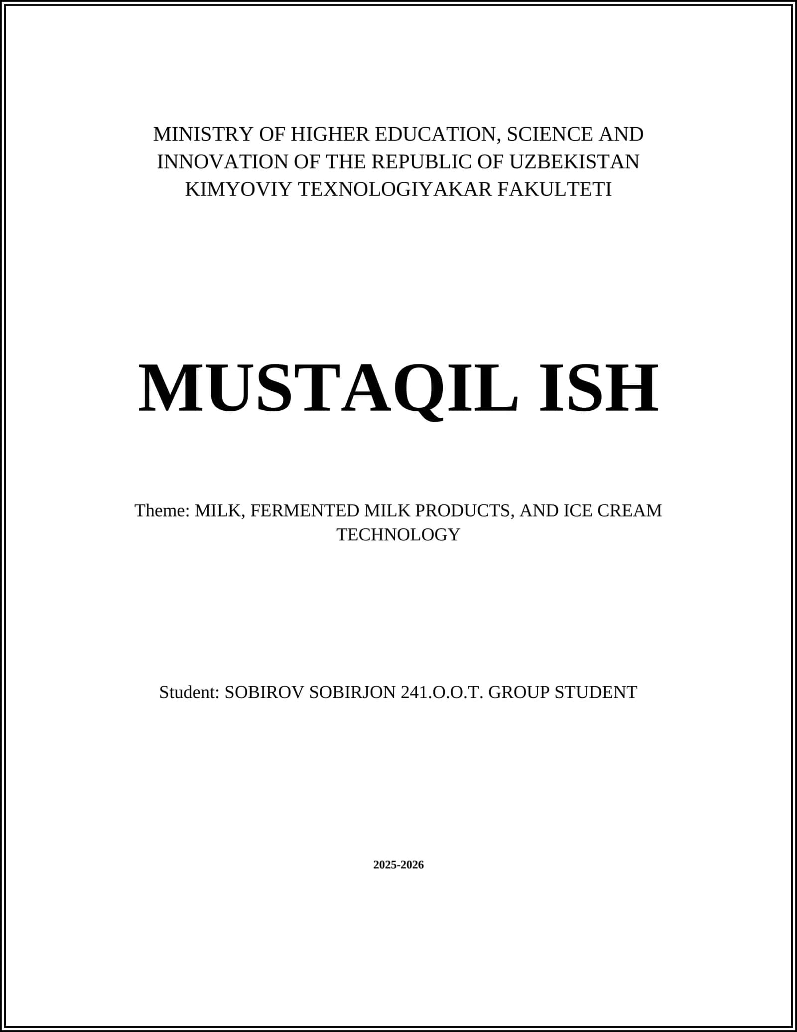 KIMYOVIY TEXNOLOGIYAKAR FAKULTETI MUSTAQIL ISH