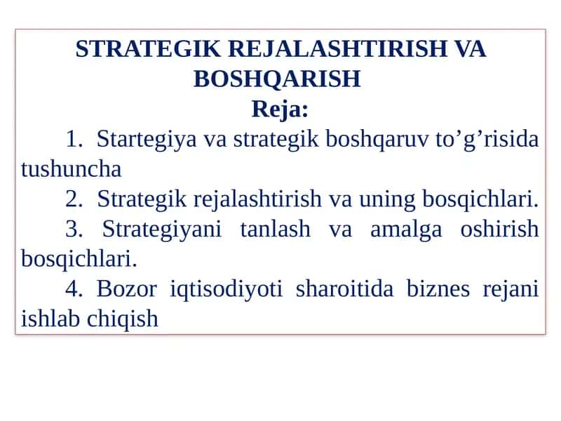 STRATEGIK REJALASHTIRISH VA BOSHQARISH