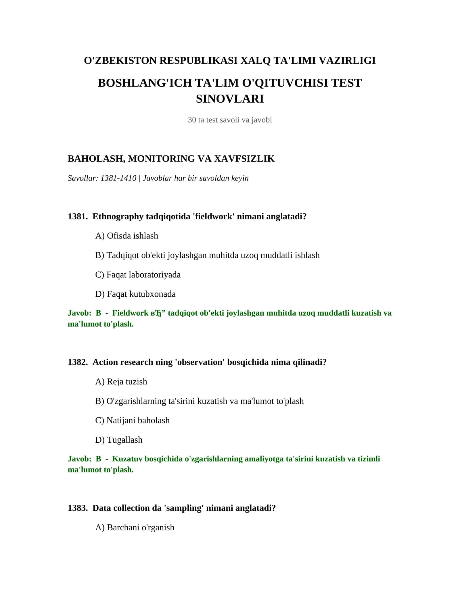 BOSHLANG'ICH TA'LIM O'QITUVCHISI TEST SINOVLARI