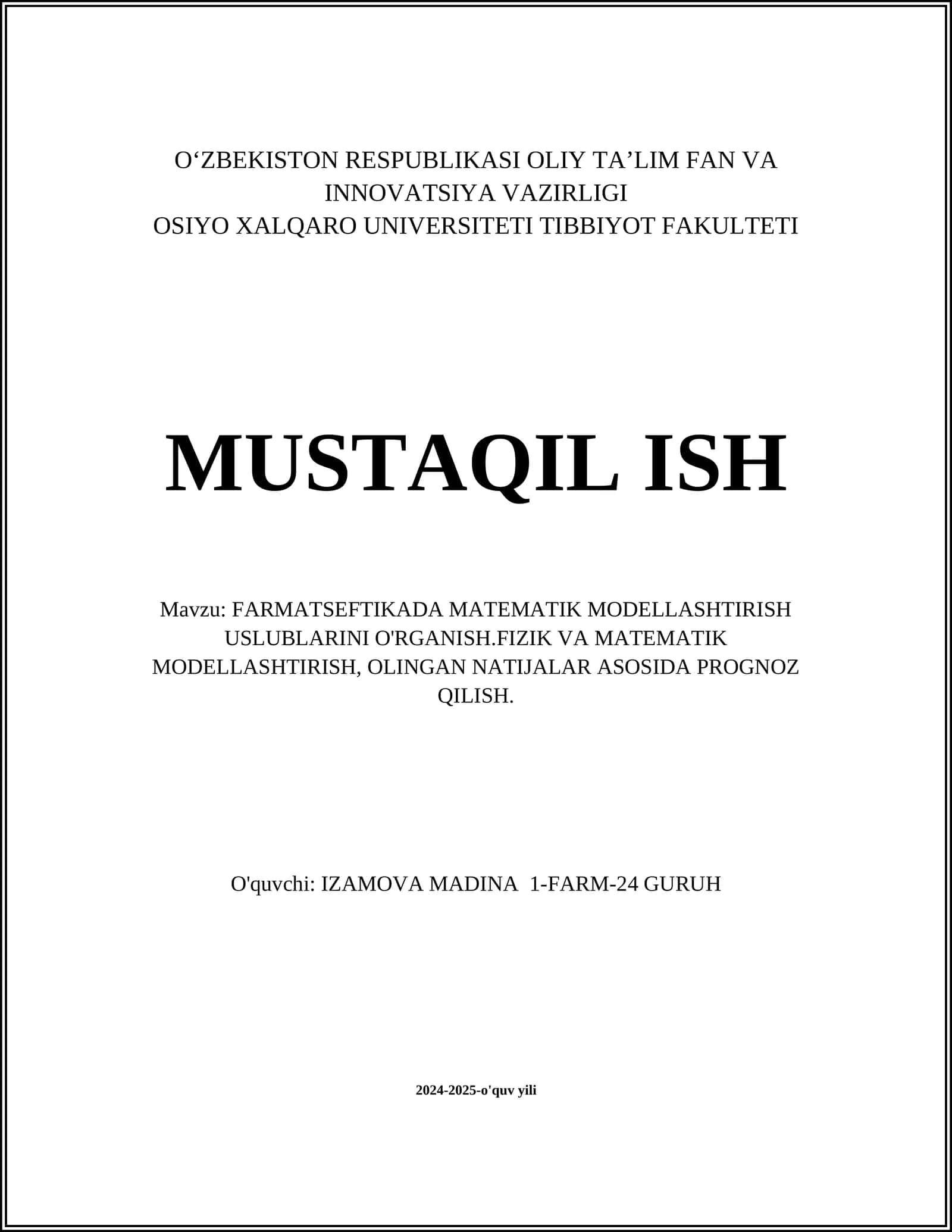 FARMATSEFTIKADA MATEMATIK MODELLASHTIRISH USLUBLARINI O'RGANISH