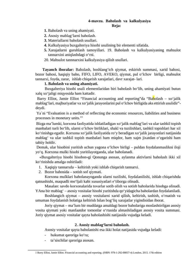 Baholash va Kalkulyasiya