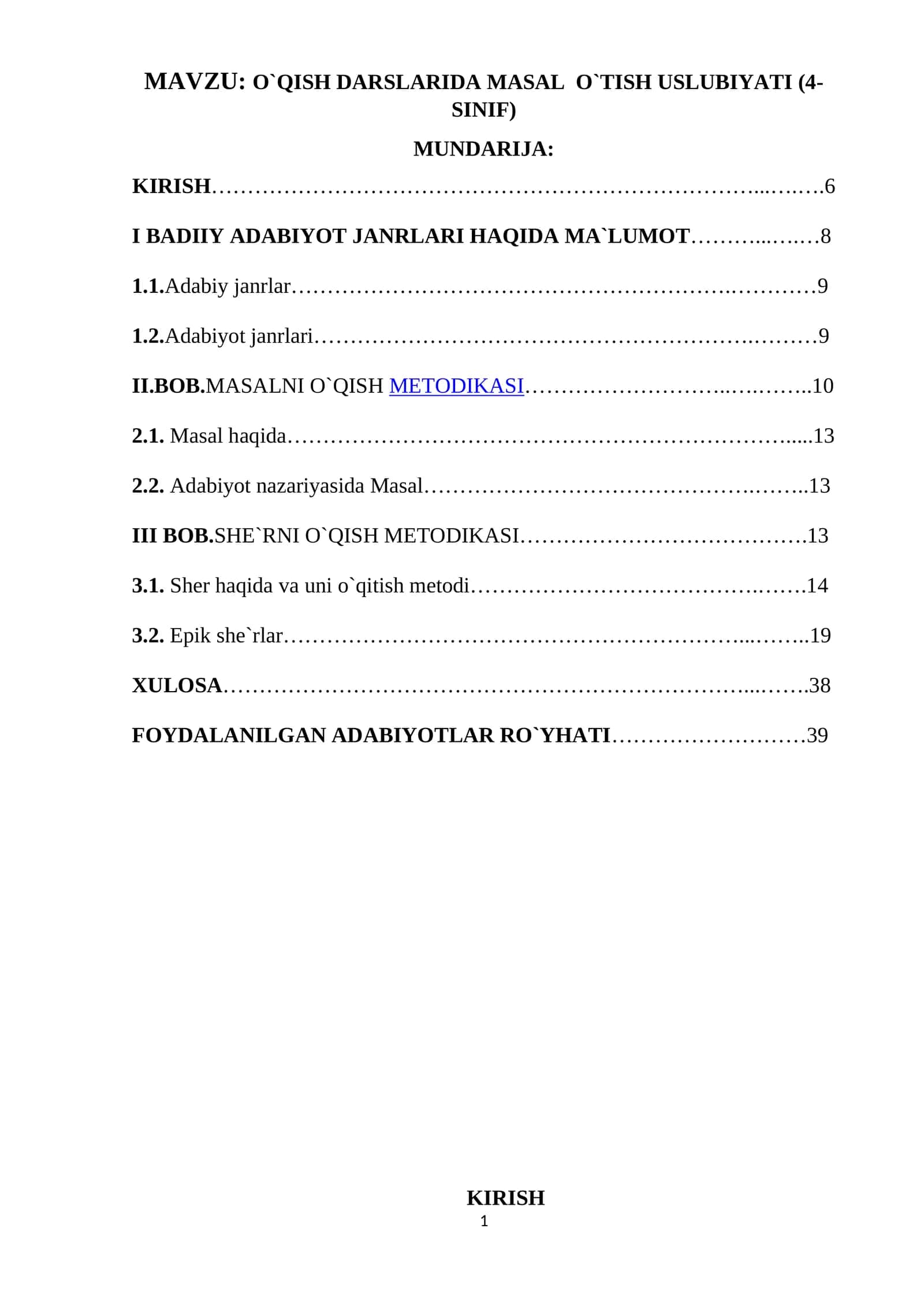 O`QISH DARSLARIDA MASAL O`TISH USLUBIYATI (4-SINIF)