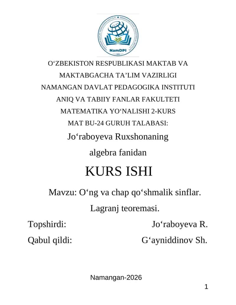 Mavzu: Oʻng va chap qoʻshmalik sinflar. Lagranj teoremasi