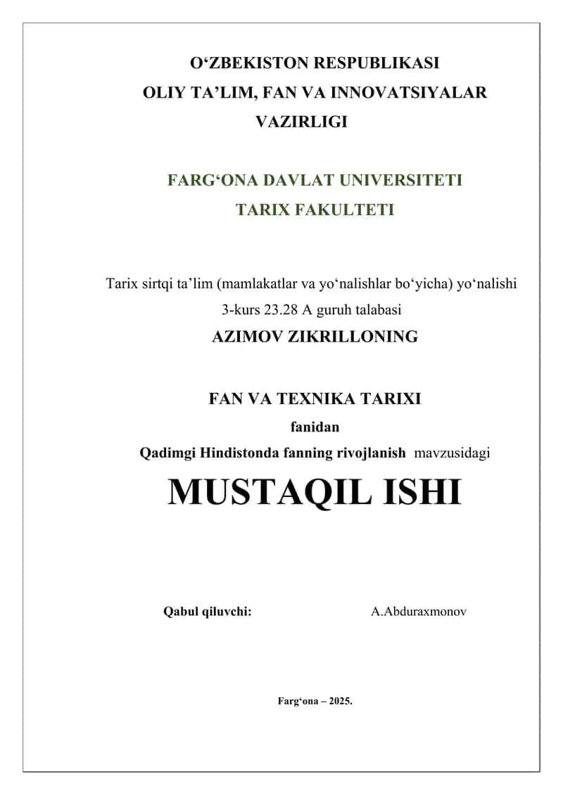 Qadimgi Hindistonda fanning rivojlanish mavzusidagi MUSTAQIL ISHI