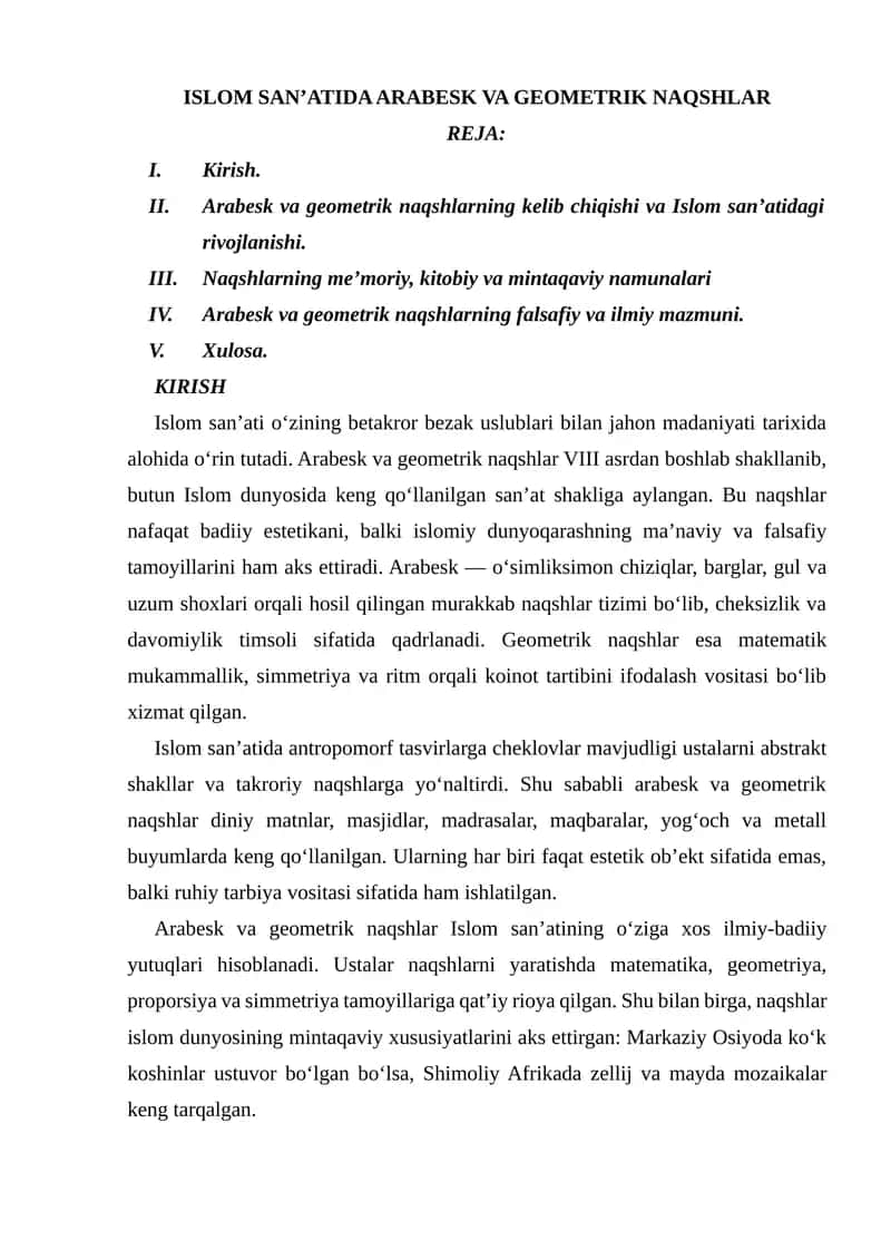 ISLOM SAN’ATIDA ARABESK VA GEOMETRIK NAQSHLAR