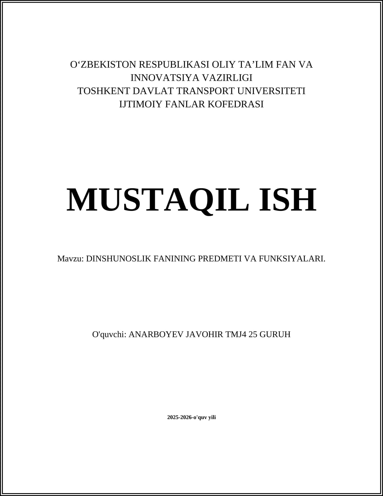 DINSHUNOSLIK FANINING PREDMETI VA FUNKSIYALARI