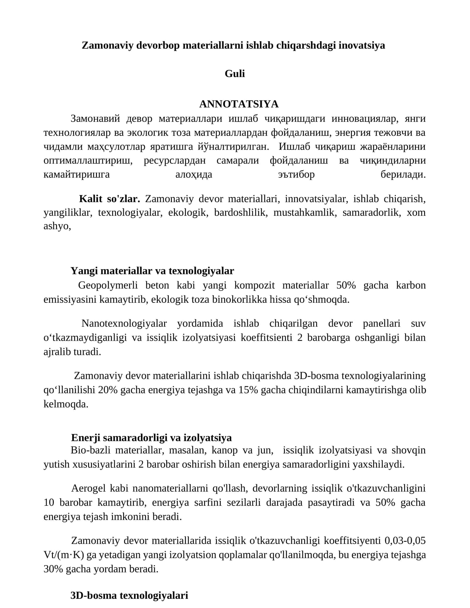 Zamonaviy devorbop materiallarni ishlab chiqarshdagi inovatsiya
