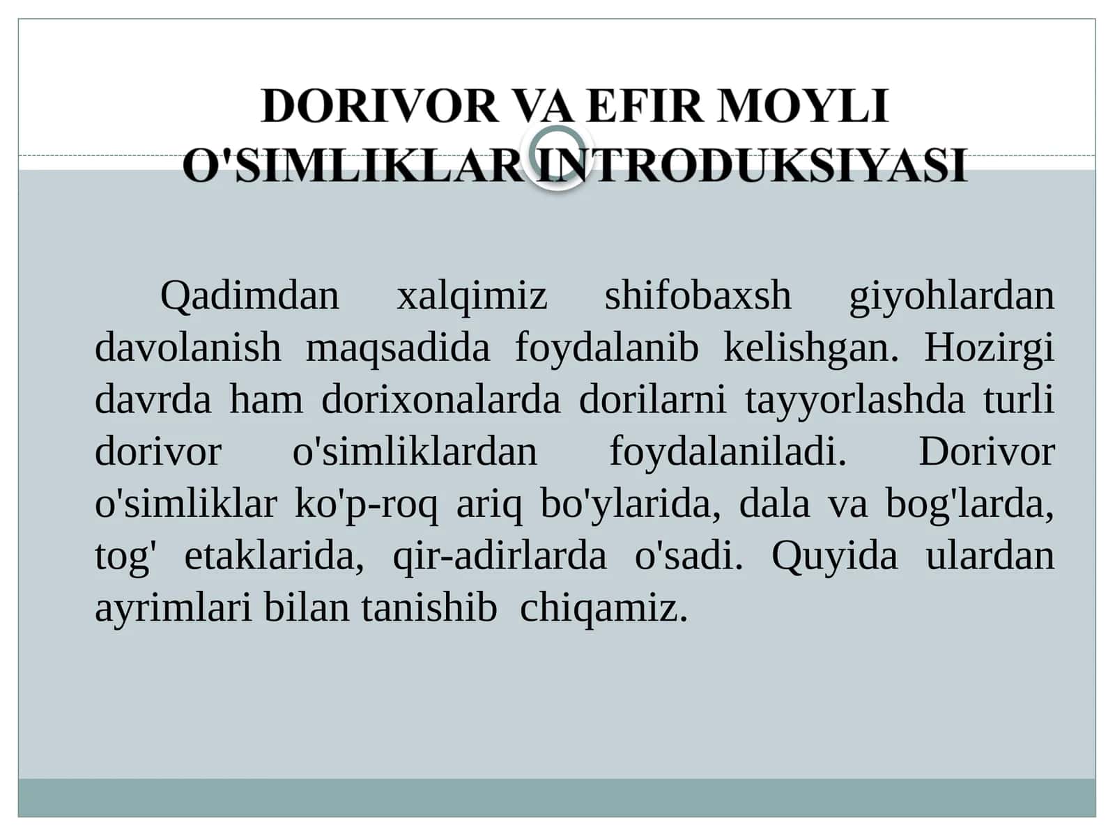 Dorivor va efir moyli o'simliklar introduksiyasi