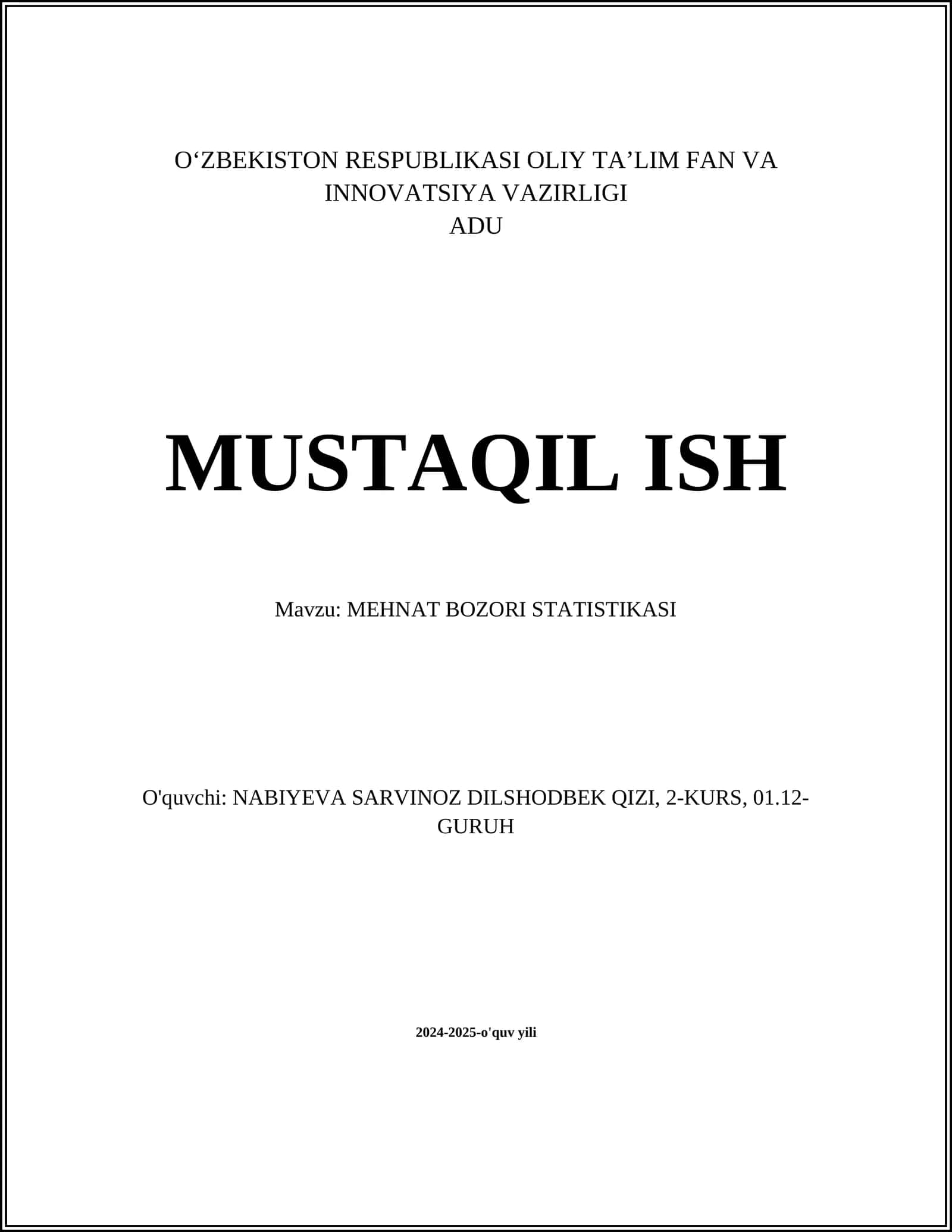 MEHNAT BOZORI STATISTIKASI