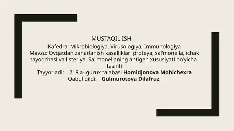 Ovqatdan zaharlanish kasalliklari proteya, sal’monella, ichak tayoqchasi va listeriya