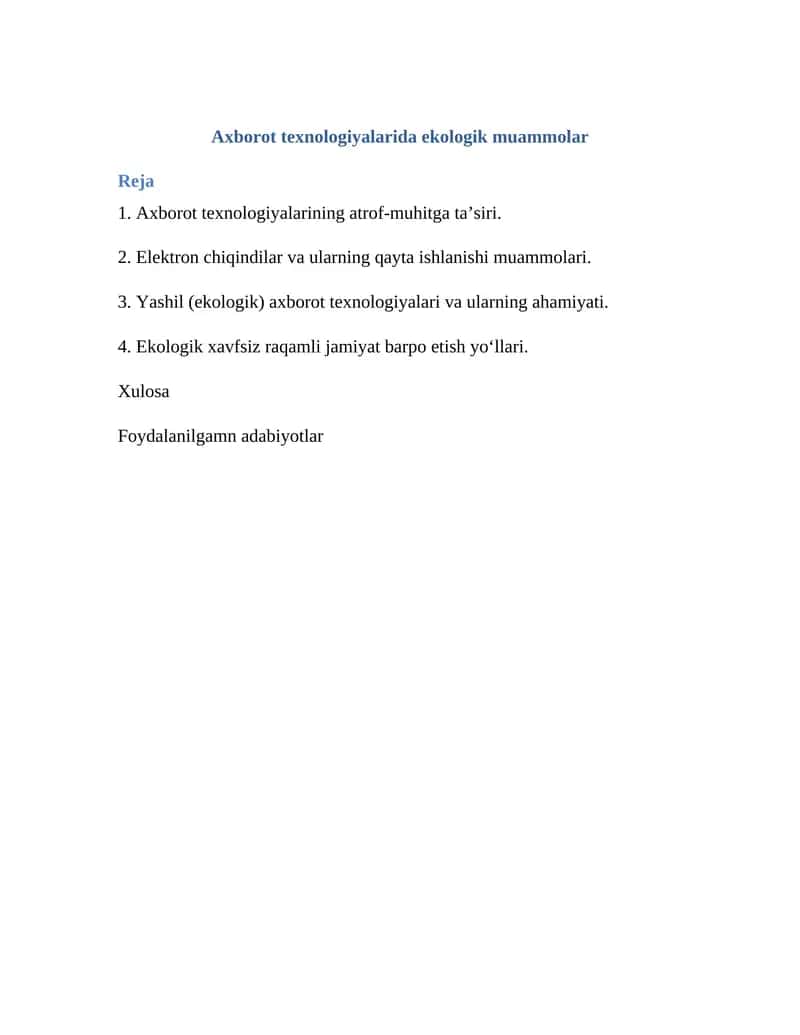 Axborot texnologiyalarida ekologik muammolar