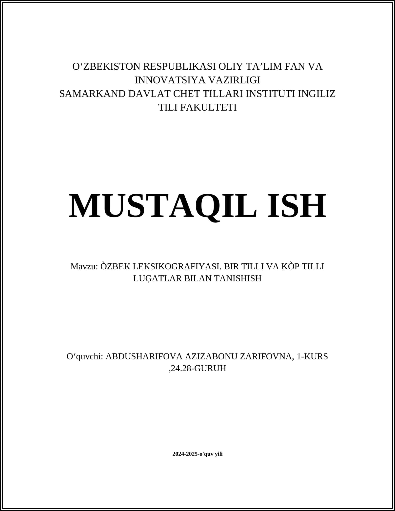 ÒZBEK LEKSIKOGRAFIYASI. BIR TILLI VA KÒP TILLI LUĢATLAR BILAN TANISHISH