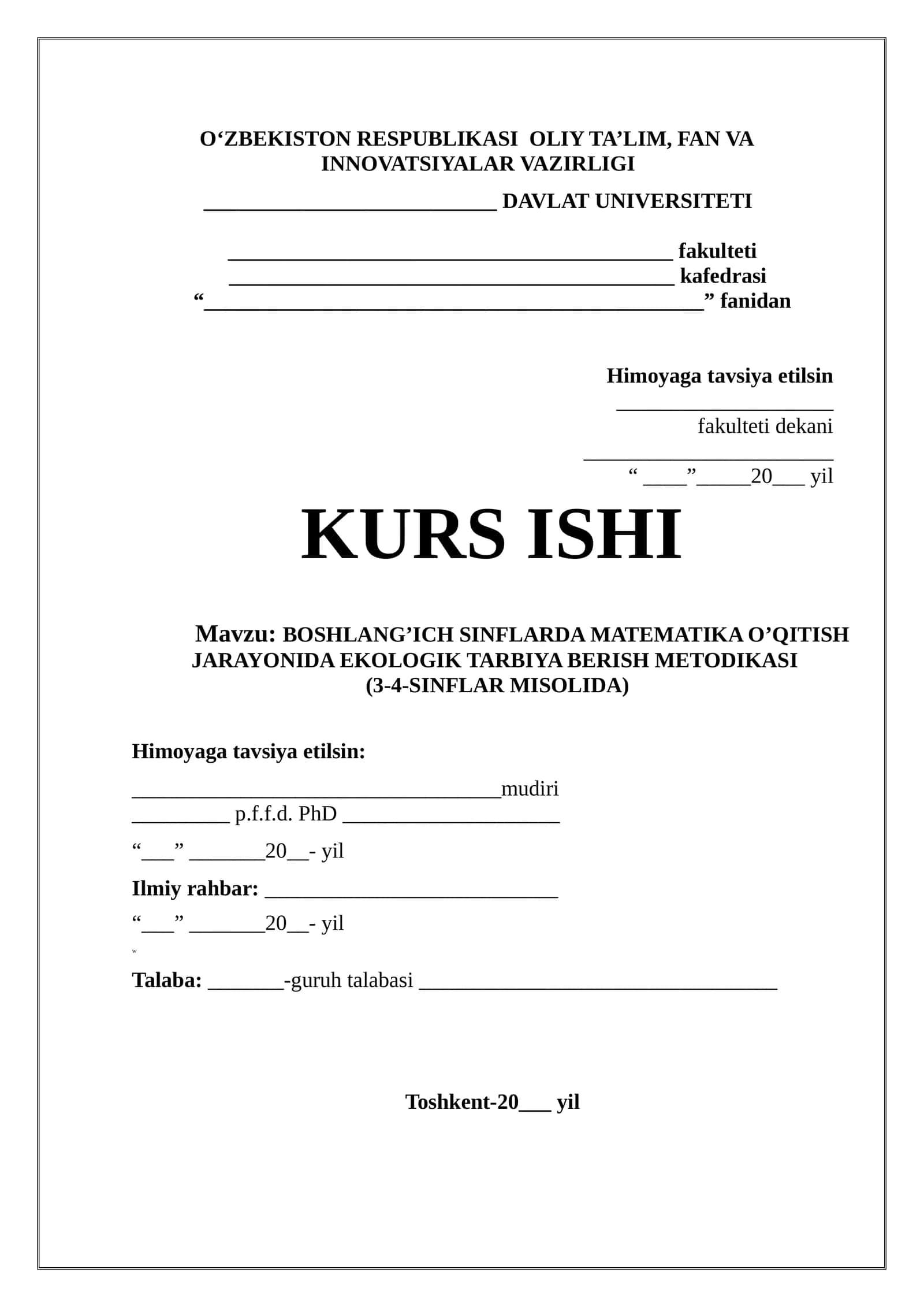 BOSHLANG’ICH SINFLARDA MATEMATIKA O’QITISH JARAYONIDA EKOLOGIK TARBIYA BERISH METODIKASI (3-4-SINFLAR MISOLIDA)