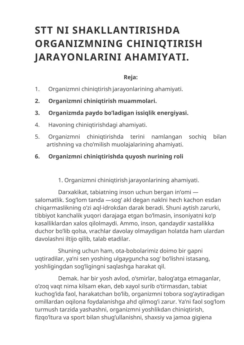 Organizmning chiniqtirish jarayonlari
