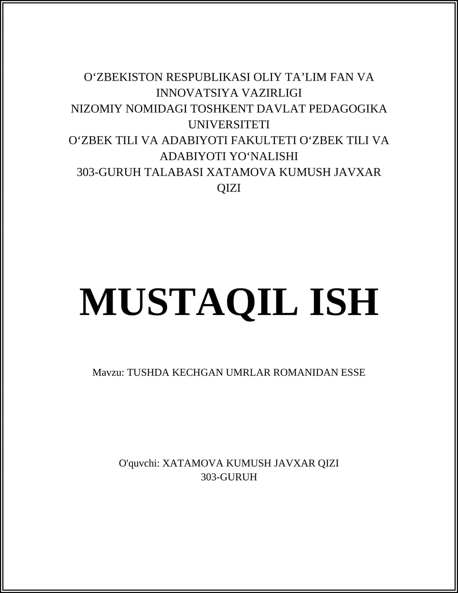 TUSHDA KECHGAN UMRLAR ROMANIDAN ESSE