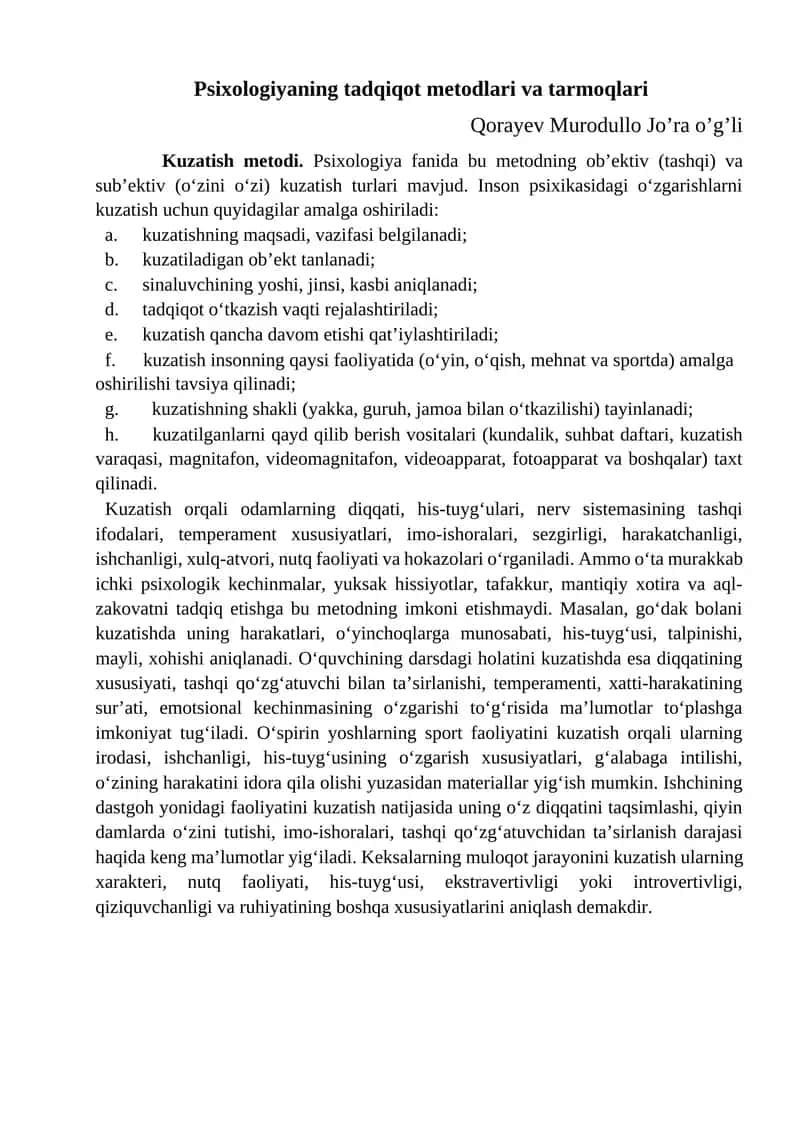 Psixologiyaning tadqiqot metodlari va tarmoqlari