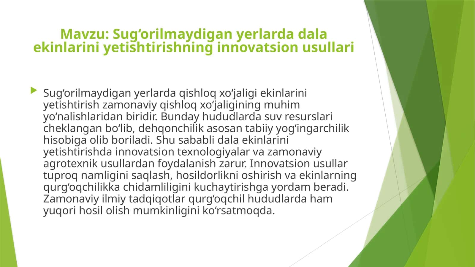 Sug‘orilmaydigan yerlarda dala ekini yetishtirishning innovatsion usullari
