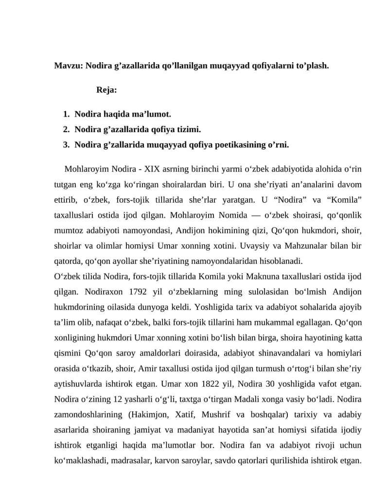 Nodira g’azallarida qo’llanilgan muqayyad qofiyalarni to’plash