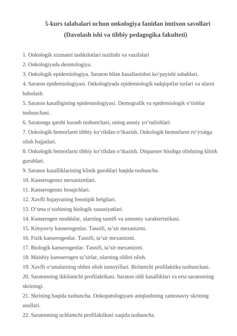 Onkologiya fanidan imtixon savollari