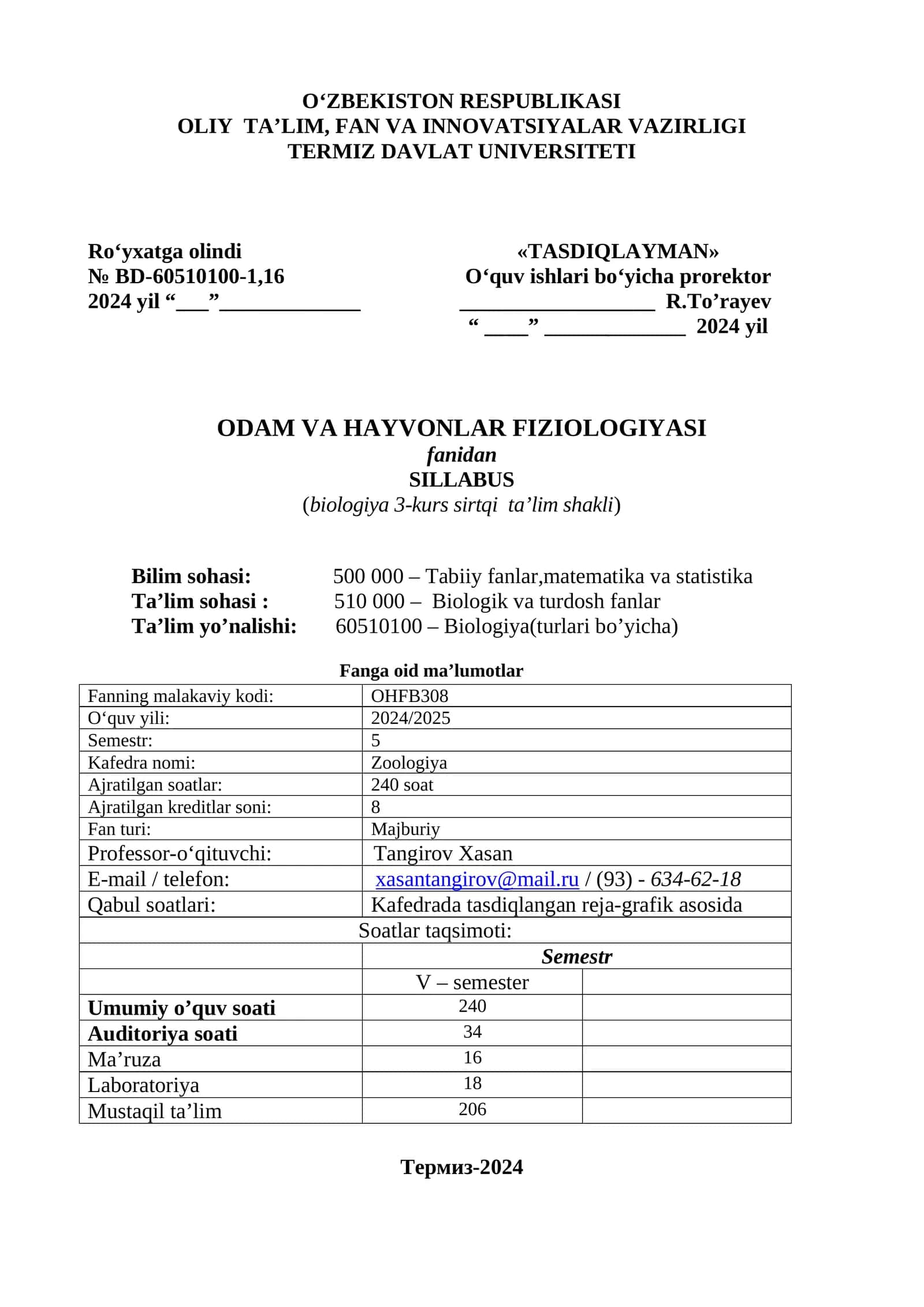 ODAM VA HAYVONLAR FIZIOLOGIYASI SILLABUS