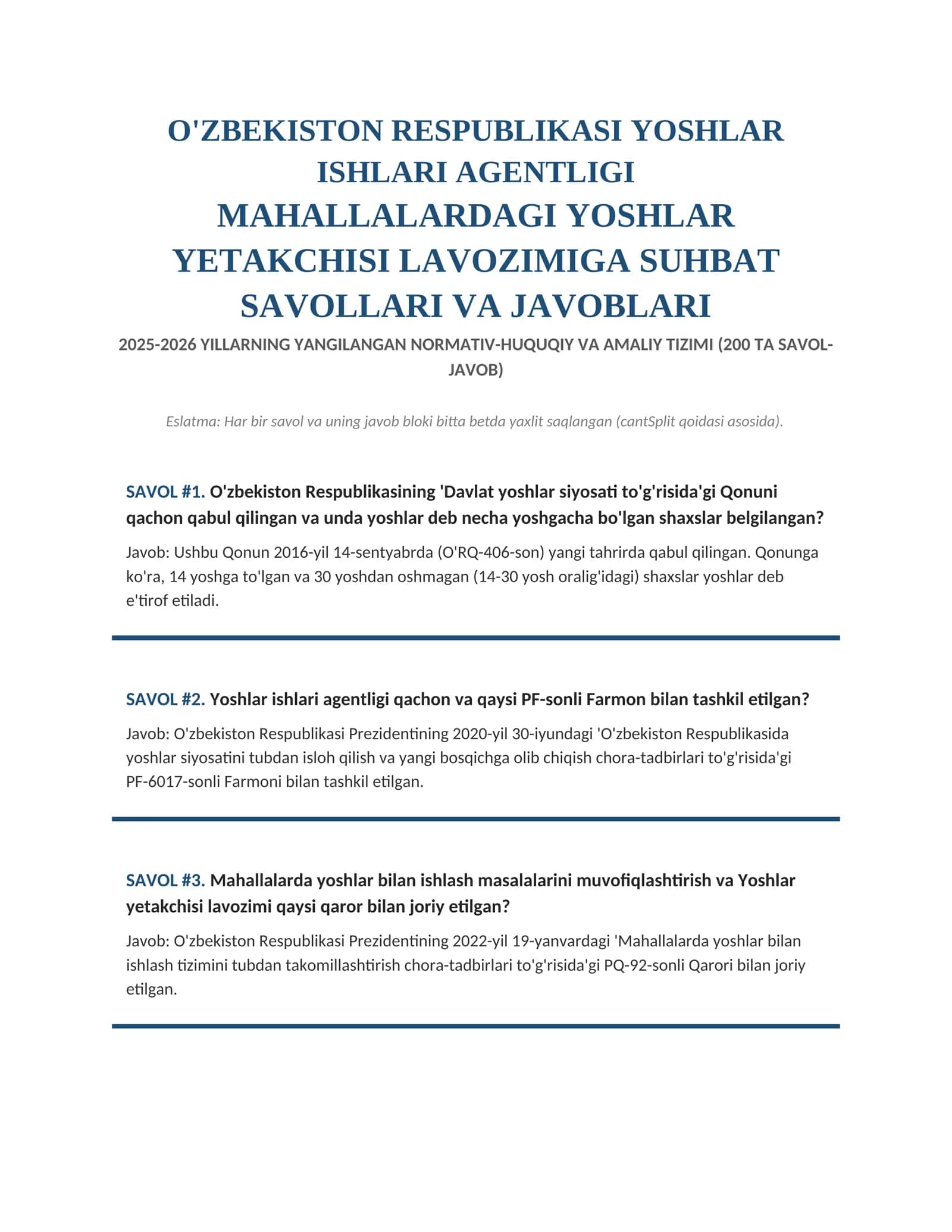 MAHALLALARDAGI YOSHLAR YETAKCHISI LAVOZIMIGA SUHBAT SAVOLLARI VA JAVOBL 2026 yilARI