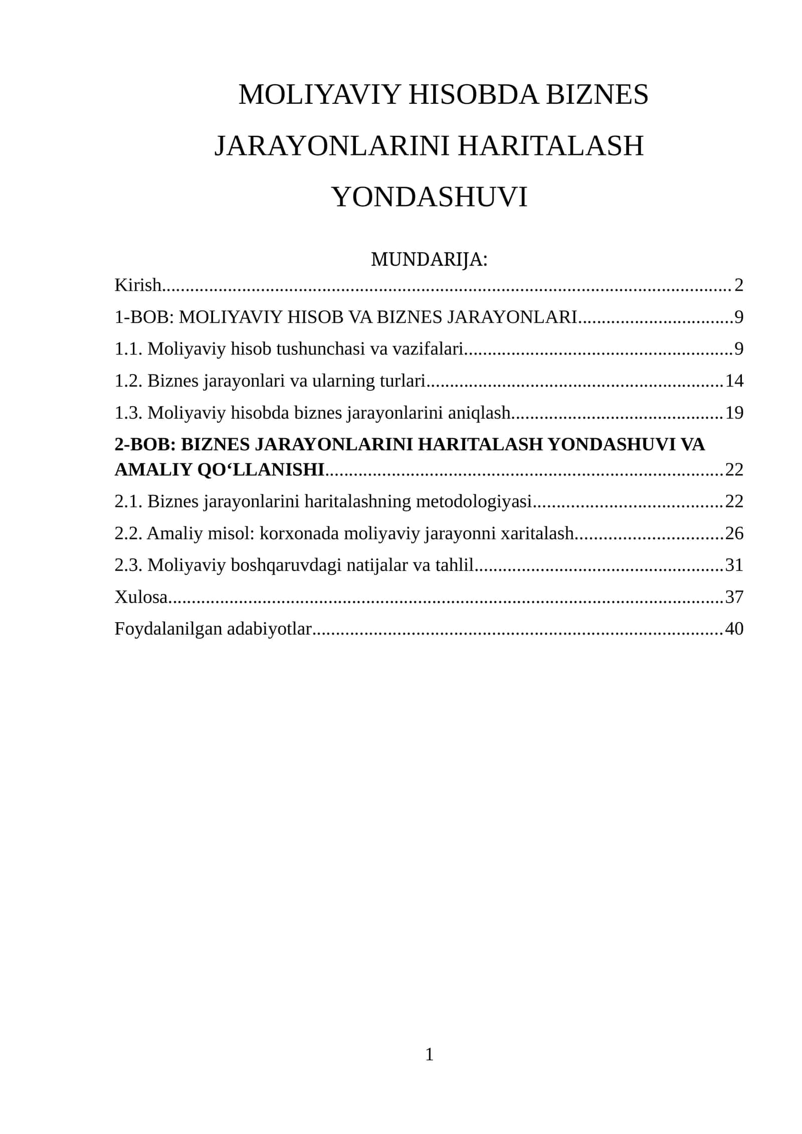 MOLIYAVIY HISOBDA BIZNES JARAYONLARINI HARITALASH YONDASHUVI