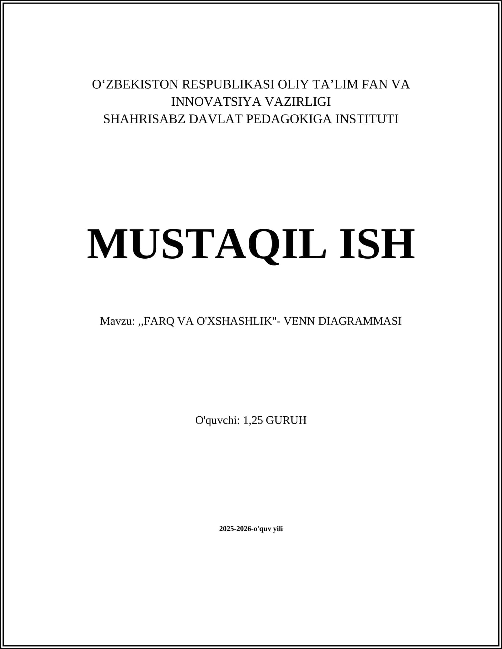 FARQ VA O'XSHASHLIK - VENN DIAGRAMMASI