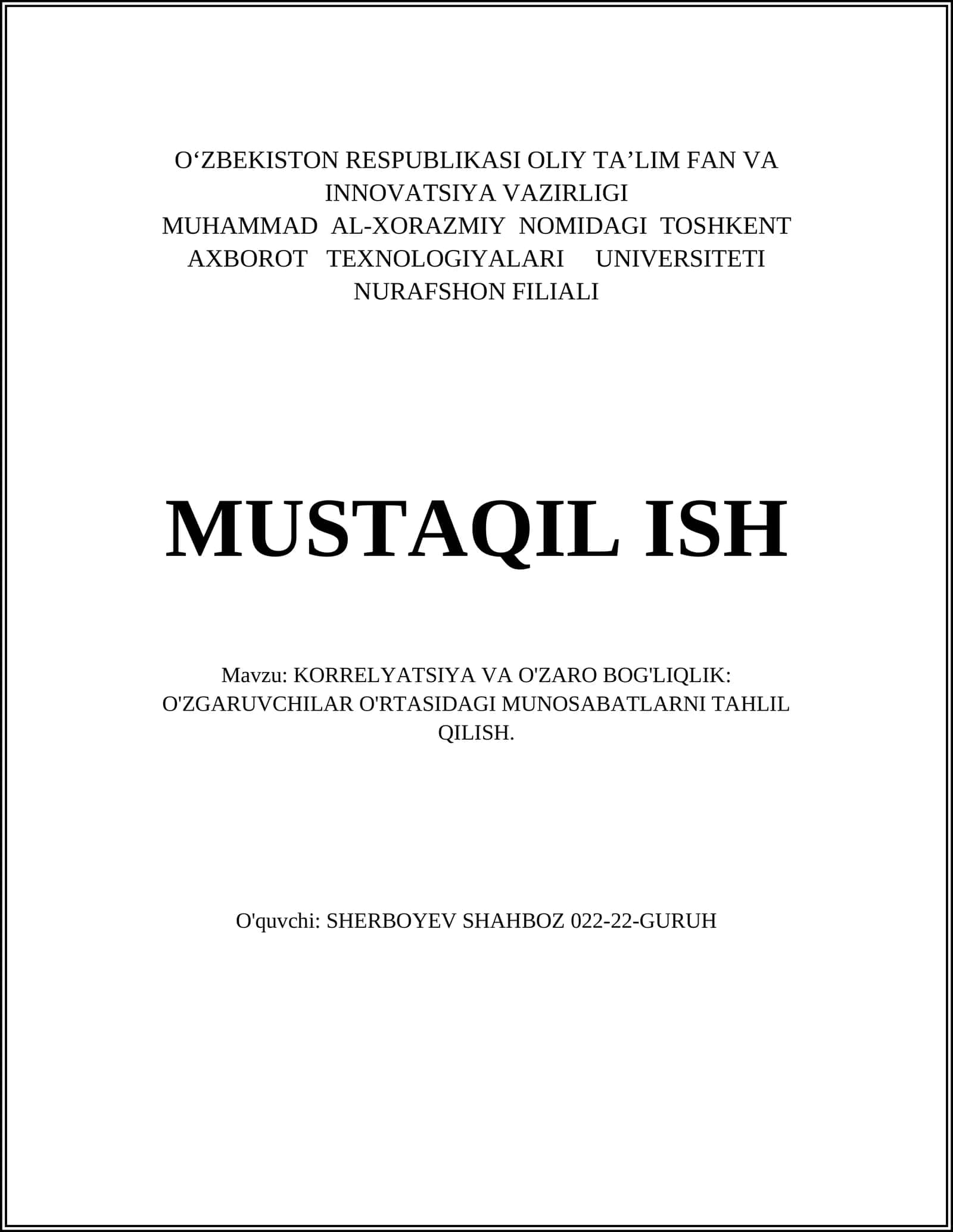 KORRELYATSIYA VA O'ZARO BOG'LIQLIK