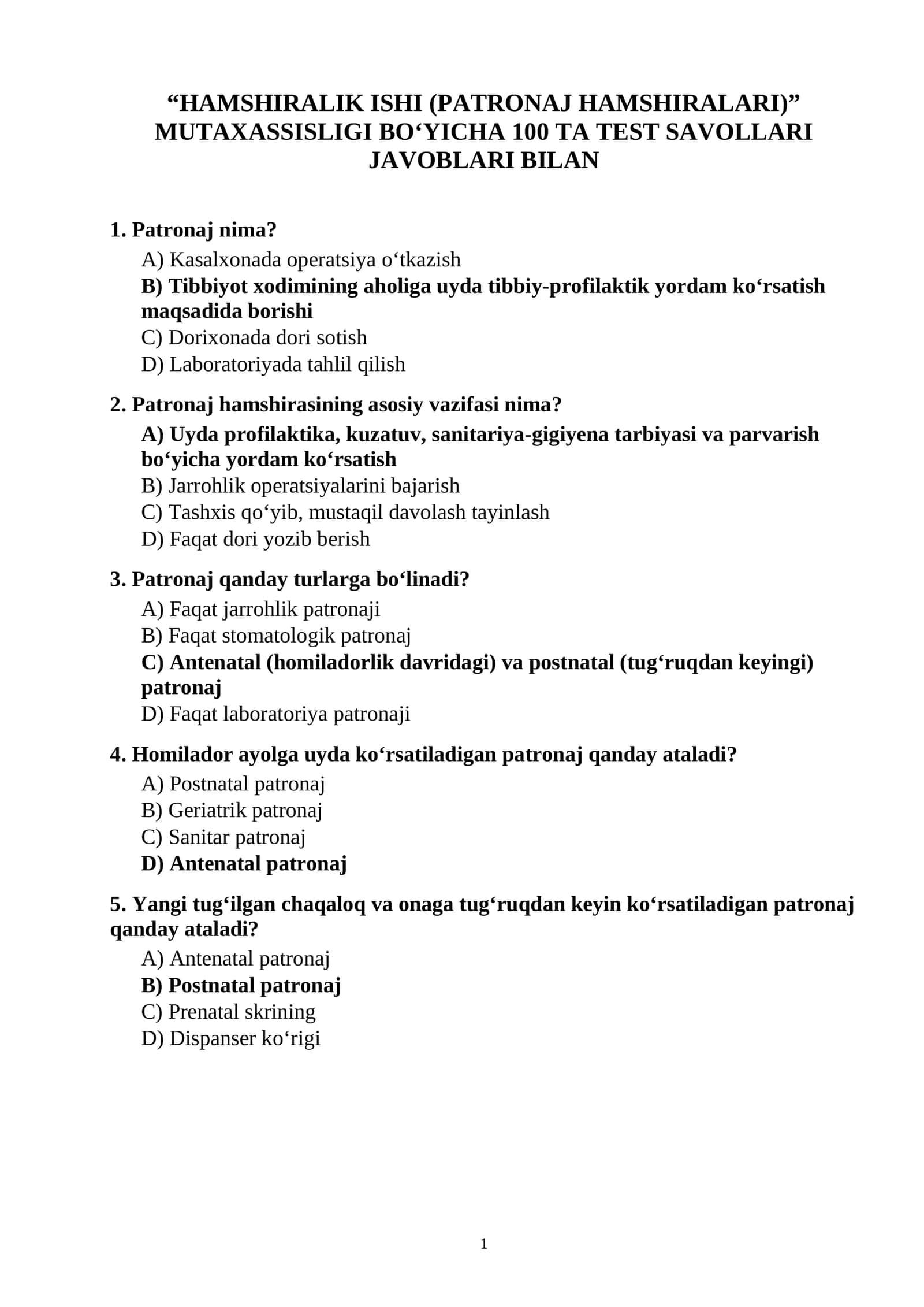 HAMSHIRALIK ISHI (PATRONAJ HAMSHIRALARI) MUTAXASSISLIGI BO‘YICHA 100 TA TEST SAVOLLARI JAVOBLARI BILAN
