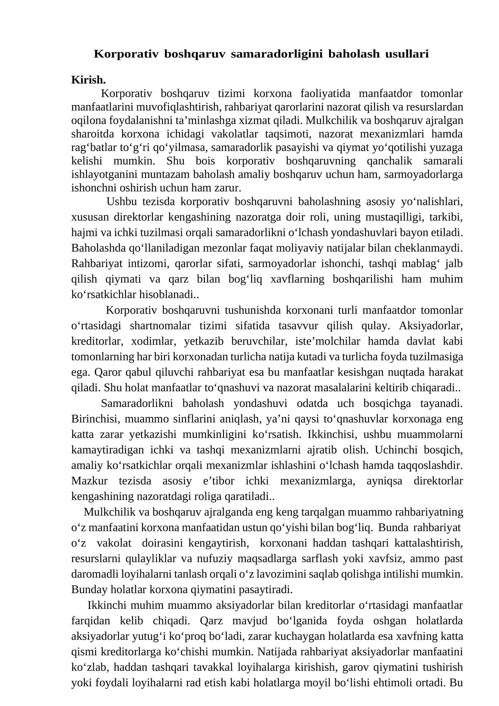 Korporativ boshqaruv samaradorligini baholash usullari