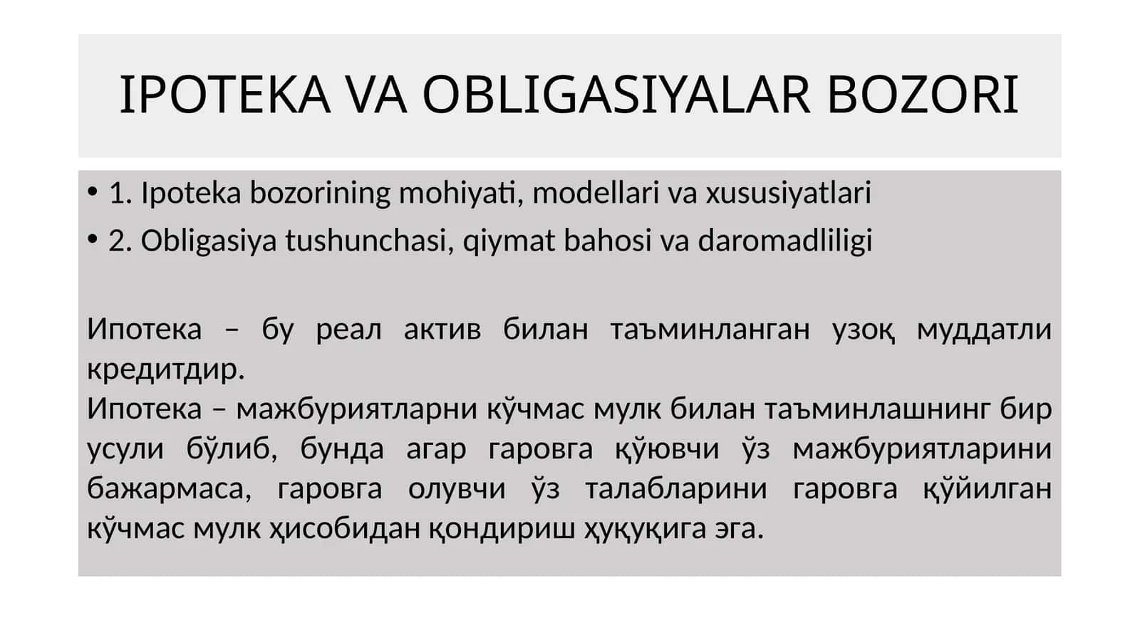 IPOTEKA VA OBLIGASIYALAR BOZORI