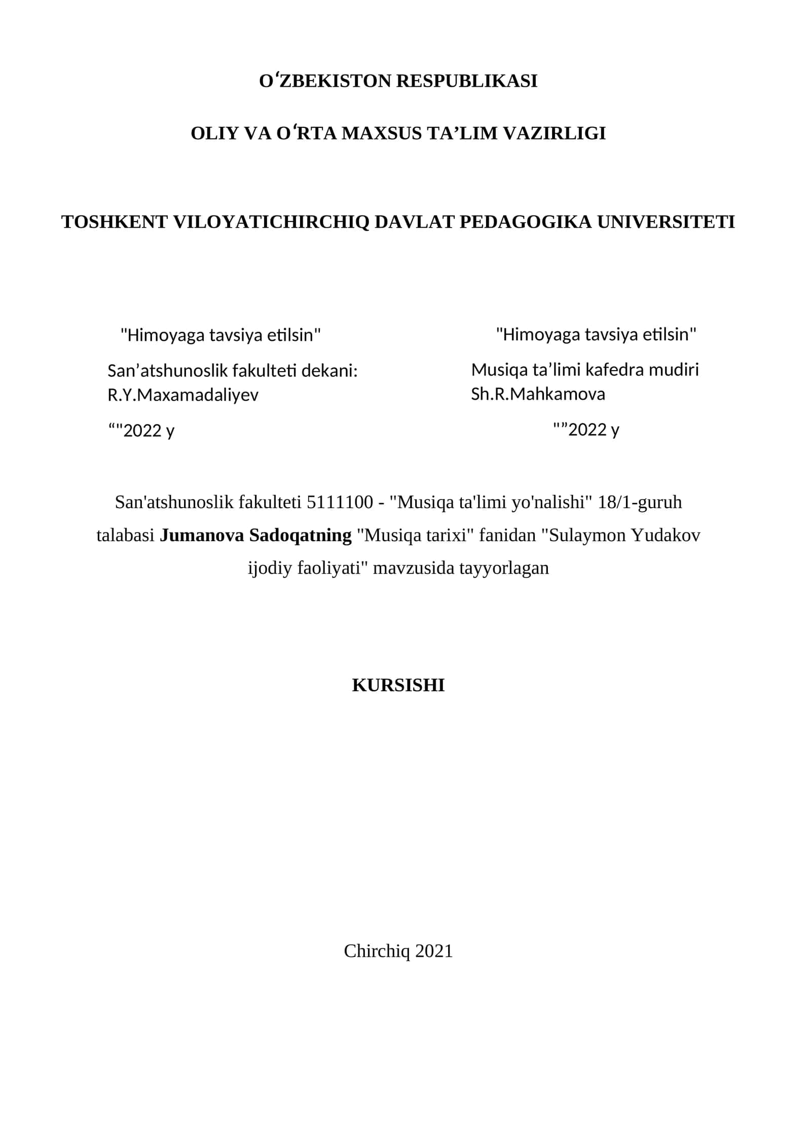 "Sulaymon Yudakov ijodiy faoliyati" mavzusida tayyorlagan
