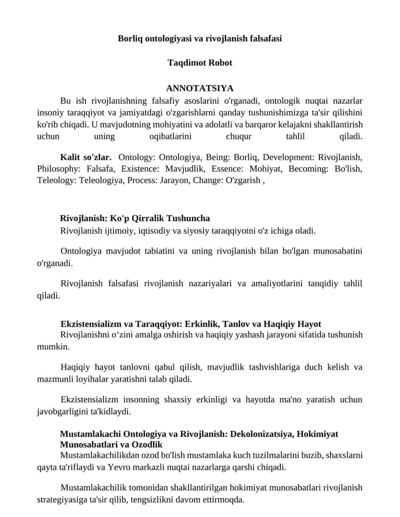Borliq ontologiyasi va rivojlanish falsafasi