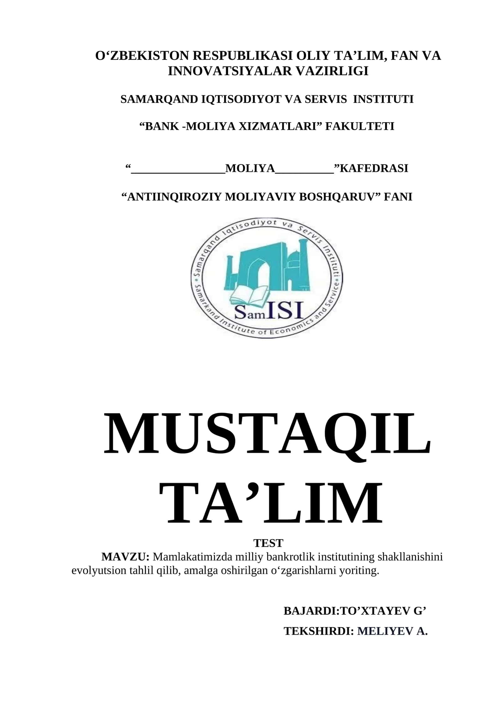 ANTIINQIROZIY MOLIYAVIY BOSHQARUV