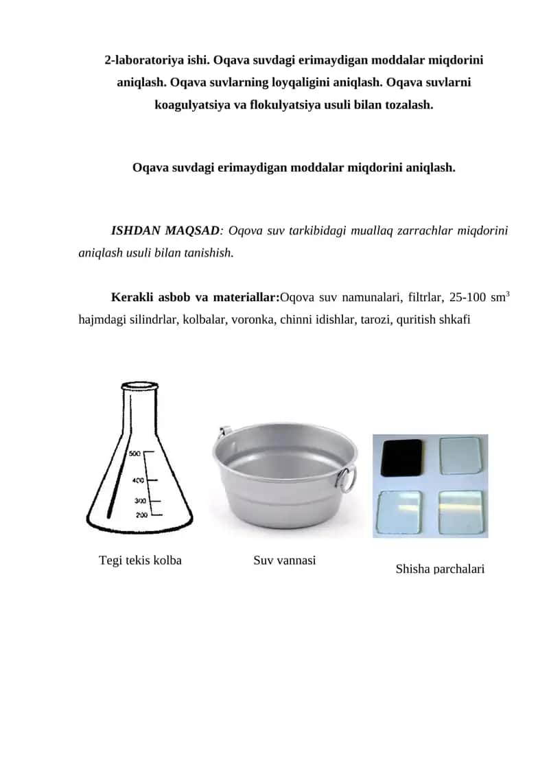Oqava suvdagi erimaydigan moddalar miqdorini aniqlash laboratoriyasi