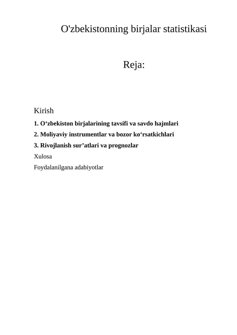 O'zbekistonning birjalar statistikasi