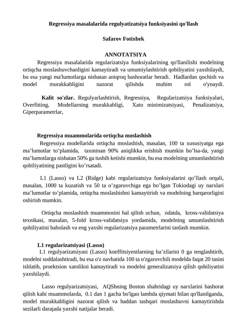 Regressiya masalalarida regulyatizatsiya funksiyasini qo'llash